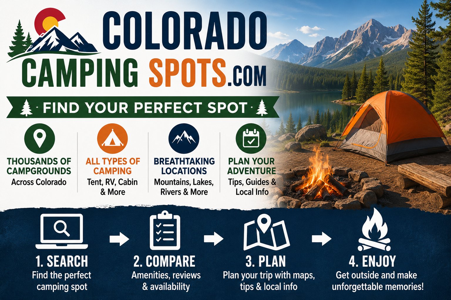 Colorado camping infographic showing regions, elevations, reservation windows and typical fees